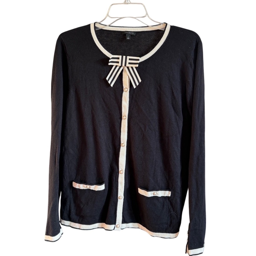 Talbots Black Ivory Contrast Trim Removable Bow Cardigan L Pearl Button Sweater